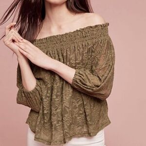 Deletta -461 Anthropologie Off Shoulder Lace Top Olive Green NWT Women's‎ Small